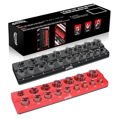 GOOACC 1/2" Magnetic Socket Organizer Set, 2 Pieces Metric & SAE Socket Drive Holders, 1/2 inch Drive Socket Organizer Trays Holds 35 Standard Sockets for Tool Box - size: 2PCS 1/2" SAE & Metric Red Black