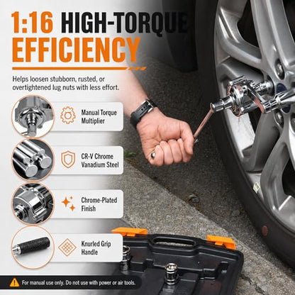 Labor Saving Torque Multiplier Wrench Set, 1:16 Ratio Lug Nut Remover with 1/2" Drive, Heavy Duty Lug Wrench for Loosening Stubborn Wheel Nuts, Includes 17/19/21mm & SAE Sockets for Cars, SUV, RV