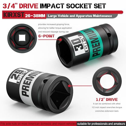 8 Piece 3/4" Drive Impact Socket Set, Metric Axle Nut Sockets, 26-38mm Thicker Jumbo Sockets, Socket Set, 6 Point, Cr-V, Vehicle and Apparatus Maintenance - size: 3/4" 8pcs Metric