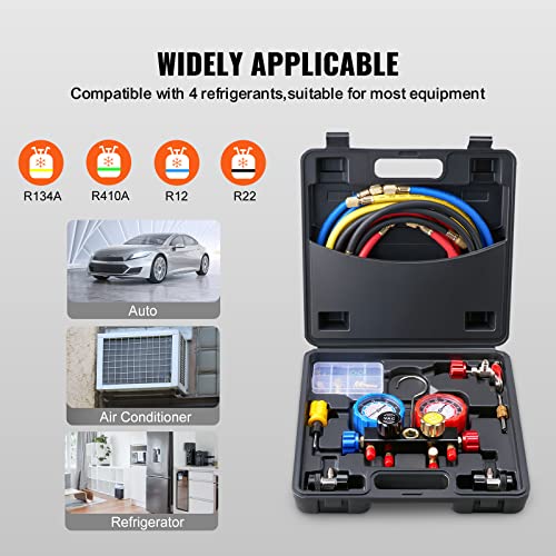 VEVOR 4 Way AC Gauge - AC Manifold Gauge Set for R134A R22 R12 R410A Refrigerant, Freon Gauges with 5ft Hoses, Couplers, Can Tap Works on Car Auto Freon Charging and Evacuation - size: R134a/R22/R12/R410a, style: 4 Way with Box