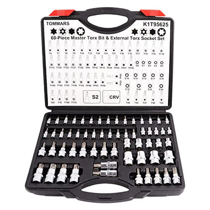 TOMMARS 60-Pc Master Torx Bit Socket & External Socket Set | 1/4", 3/8", 1/2" Drive, S2 Steel Bits, CRV Sockets, E4-E24, T6-T70, TT6-TT70, TP8-TP60 - style: Torx Bit Socket and External Torx Socket Set