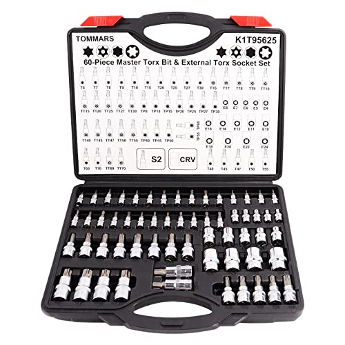 TOMMARS 60-Pc Master Torx Bit Socket & External Socket Set | 1/4", 3/8", 1/2" Drive, S2 Steel Bits, CRV Sockets, E4-E24, T6-T70, TT6-TT70, TP8-TP60 - style: Torx Bit Socket and External Torx Socket Set
