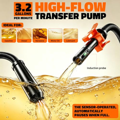 Cordless Fuel Transfer Pump Compatible with Dewalt 20V ＆ Milwaukee 18V Batteries, 3.2 GPM Portable Gas Can Pump with Auto-Stop, 4.25FT Hose, 3 Adapters, Pump for Diesel, Gasoline (Bare Tool)