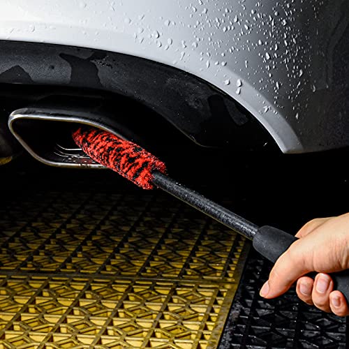 3 Pcs Soft Wheel Brushes for Cleaning Wheels Kit - 1x Synthetic Soft Car Wheel Rim Brush，1x Long Handle Cleaning Brush and 1x Car Detail Brush, Clean Dirty Wheel… - color: Red and Black