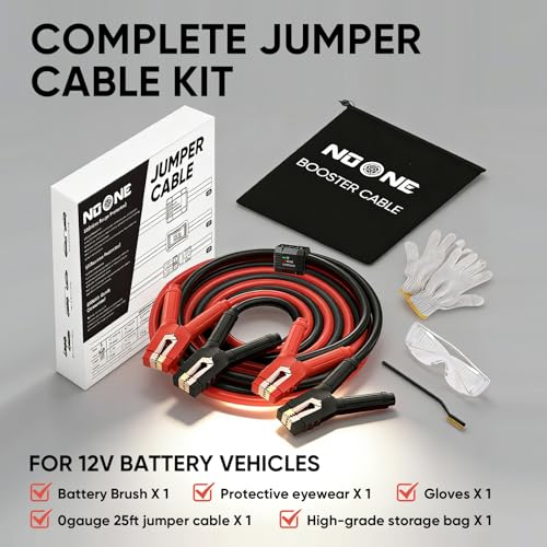 Noone Heavy Duty Jumper Cables, 0 Gauge 25Feet 1000Amp Automotive Booster Cables with Reverse Polarity Protection for Car, SUV and Truck, Jumper Cables Kit with Carry Bag, Gloves, Brushes and Goggles - size: 0Gauge x 25FT