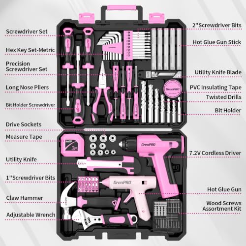 GRENPRO Pink Tool Set Drill Set, 188PCS Tool Kit For Home with Pink Cordless Drill Power, Tool Kit for Women &Men, Basic Household Auto Repair Hand Tool Box, Glue Gun Tools Sets & Drill Set for Women - style: Pink Power Drill Set 188PC