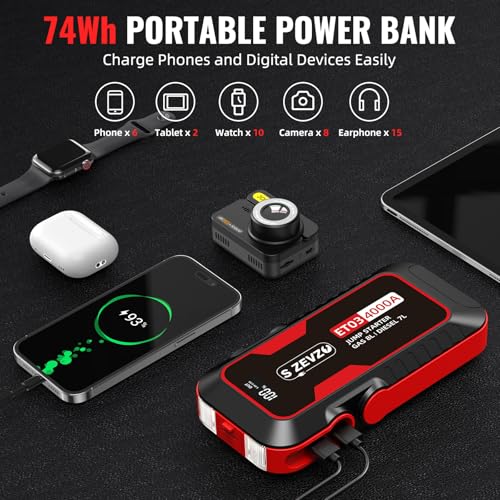 S ZEVZO ET03 4000A Car Jump Starter Jump Starter Battery Pack for Up to 8.0L Gas and 7.0L Diesel Engines, 74Wh Portable 12V Jump Box with USB Ports, LCD Display, Storage Case, and LED Light