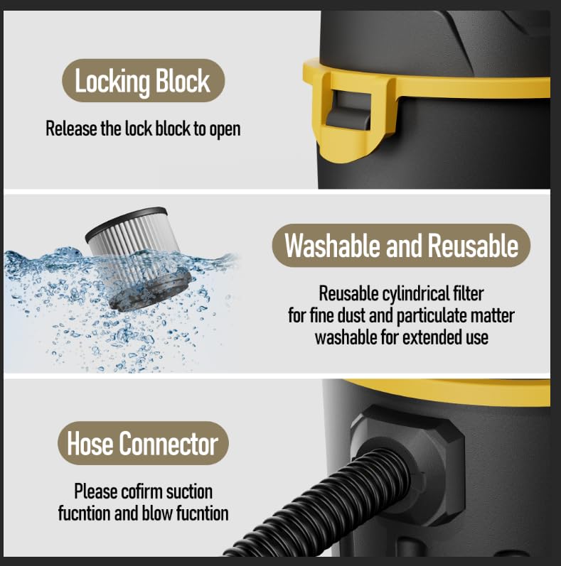 Wet & Dry Shop Vacuum Cleaner with Blower, 15L / 4 Gallon Portable Shop Vac, 800W for Home, Garage, Car, Pet Hair & Workshop, with Multiple Nozzles and Attachments