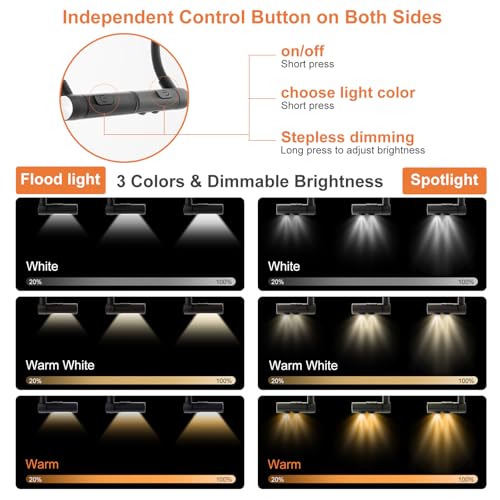 LED Neck Reading Light, Bendable Rechargeable Book Light 110-hr Lasting | Neck Light for Reading in Bed, Craft, Knitting, Cross Stitch, 1800mah, Silicone, Stepless Dimming 3 Colors, Magnetic Lock