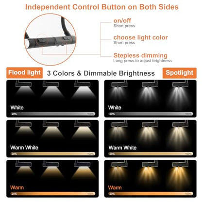 LED Neck Reading Light, Bendable Rechargeable Book Light 110-hr Lasting | Neck Light for Reading in Bed, Craft, Knitting, Cross Stitch, 1800mah, Silicone, Stepless Dimming 3 Colors, Magnetic Lock