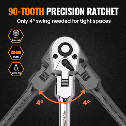Flex Head 1/4" Drive Ratchet Wrench, 90T Compact Ratchet, Quick-Release Reversible with Cr-Mo Head and 6" Extension Bar for Tight Spaces & Precision Work - size: 1/4"