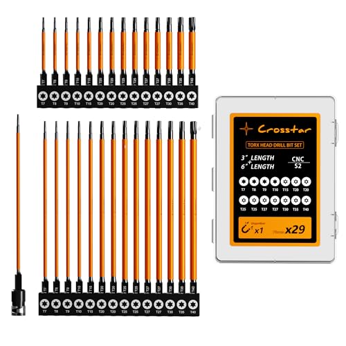 Crosstar 3" and 6" Impact Long Torx Bit Set 29pc (TT7-TT40) S2 Steel Security Tamper Proof Star Bits, 1/4" Hex-Shank Magnetic Holder & Storage Box w/Magnetizer - size: T7-T40 (3IN & 6IN)