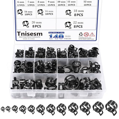 Tnisesm 140 Pcs 12Values 6-22mm Spring Hose Clamp Assortment Kits Silicone Vacuum Hose Action Low Pressure Air Clip Clamp Hoses Clamps sleeving(Black) - size: 140Pcs-12 Sizes-BK