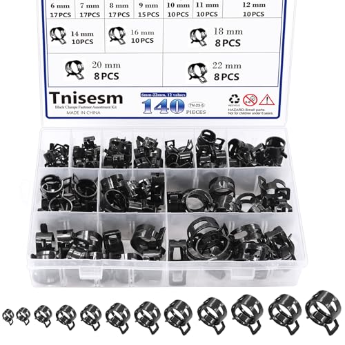Tnisesm 140 Pcs 12Values 6-22mm Spring Hose Clamp Assortment Kits Silicone Vacuum Hose Action Low Pressure Air Clip Clamp Hoses Clamps sleeving(Black) - size: 140Pcs-12 Sizes-BK