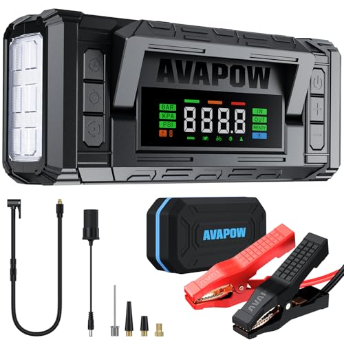AVAPOW 10000A Jump Starter with Air Compressor, 12V Portable Jump Box | Starts All Gas & All Diesel, Built-in 150PSI Air Compressor, 30W PD Fast Charging, 4" HD Display, EVA Case - color: 10000A