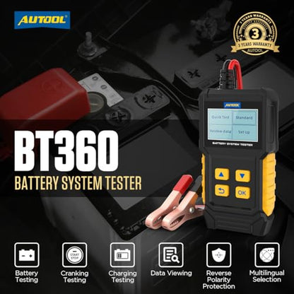Car Battery Tester 12V Battery Load Tester AUTOOL BT360 6V-30V DC Charging Cranking Test 100-2000 CCA Automotive Alternator Tester Digital Auto Battery Analyzer for Vehicle Truck Motorcycle SUV Boat