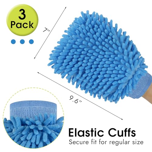 3 Pack Chenille Microfiber Car Wash Mitt, 7" x 9.6", Blue | Car Washing Mitts, Home Dusting Gloves, Scratch Free Lint-Free, Highly Absorbent, Double Sided, for Cleaning Detailing Polish - color: Blue