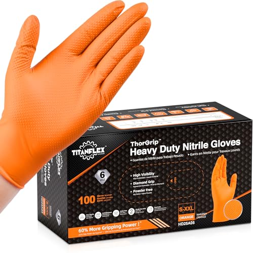 TitanFlex Heavy Duty Orange Nitrile Gloves, 6 Mil, Raised Diamond Texture, Mechanic Disposable Gloves, Latex Free Powder Free - color: 04 6mil (100ct), size: Large