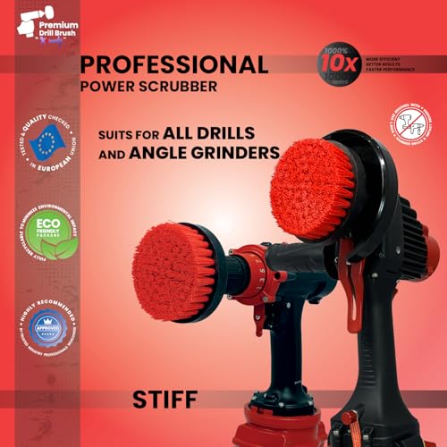 Premium Drill Brush Professional– 2in1 for Drill & Angle Grinder Stiff 4 in Red | Scratch-Free Outdoor Cleaning Brush for Patio Bricks, Lawn Mowers, Car Wheels, Pool Tiles and Boat Hulls - color: Red