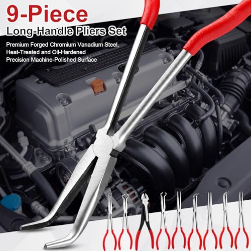 9 Piece 11 Inch Long Reach Pliers Set 45° 90° Bent, Circle, Diagonal Carbon Steel Needle Nose Pliers for Narrow Spaces and Limited Areas (Red) - color: Red