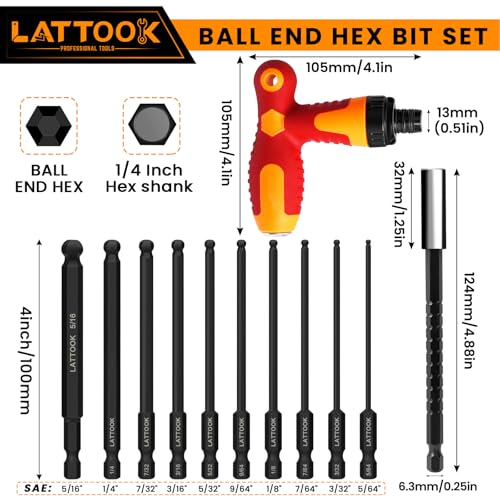 10PCS SAE Ball End Hex Bit Set with T Handle Ratchet Driver, Magnetic S2 Steel, 4'' Long - style: 10PCS Ball Hex Bits+T Handle