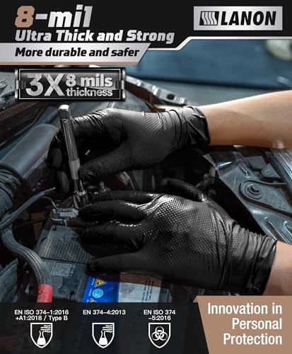 LANON Black Nitrile Disposable Gloves, EN ISO 374 Chemical Resistant, Heavy-Duty, Mechanic, Textured Fingertips, Latex-Free - size: Large(8 mil)