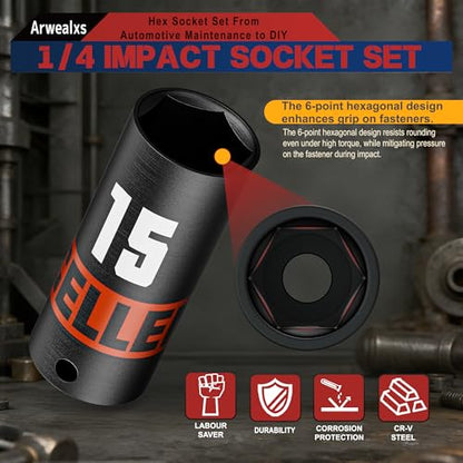 14Piece 1/4-Inch Drive Impact Socket Set, 4-15 mm Deep Sockets, 6 Point Metric Sockets for Automotive Repair, Equipment Maintenance - size: 1/4 Inch Metric Deep