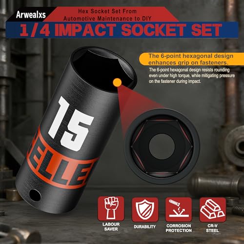 14Piece 1/4-Inch Drive Impact Socket Set, 4-15 mm Deep Sockets, 6 Point Metric Sockets for Automotive Repair, Equipment Maintenance - size: 1/4 Inch Metric Deep