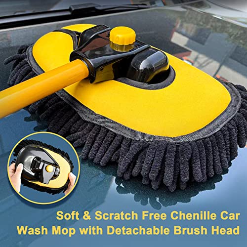 YeewayVeh Car Wash Brush Mop with Long Handle, Car Wash Kit with 2 Chenille Mop Heads, 15° Curved Extension Pole Scratch-Free Microfiber Mitt Sponge Car Cleaning Supplies Accessories, Yellow/Black - color: Yellow/Black, size: 4 pieces