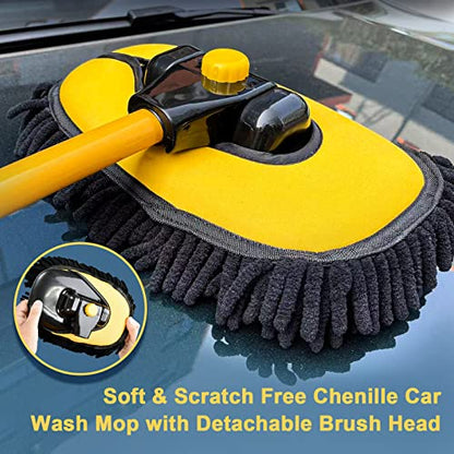 YeewayVeh Car Wash Brush Mop with Long Handle, Car Wash Kit with 2 Chenille Mop Heads, 15° Curved Extension Pole Scratch-Free Microfiber Mitt Sponge Car Cleaning Supplies Accessories, Yellow/Black - color: Yellow/Black, size: 4 pieces