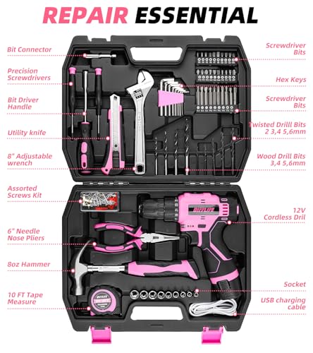 147 Piece Pink Power Drill Drivers Tool Set with 12V Cordless Drill, Professional Household Home Tools Kit Set, DIY Pink Electric Drill Cordless Hand Tool Box for Women - style: 147 Piece Pink