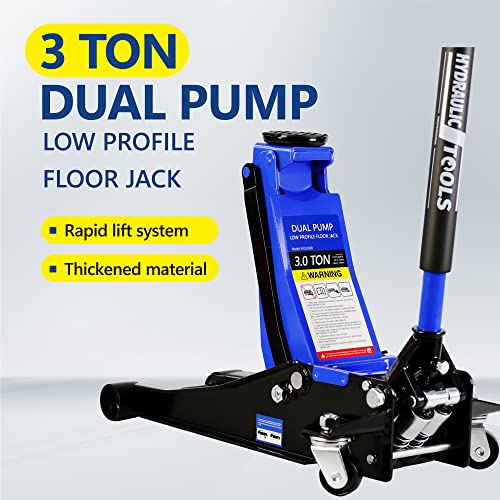 3T Low Profile Steel Floor Jack, 6600 lb, Dual Pump, 3.3"-18.5" Lift, Blue | Heavy-duty steel, dual-piston quick lift, low profile, 3.3"-18.5" range, overload safety protection. - size: 3T Dual Pump 3.3"-18.5"