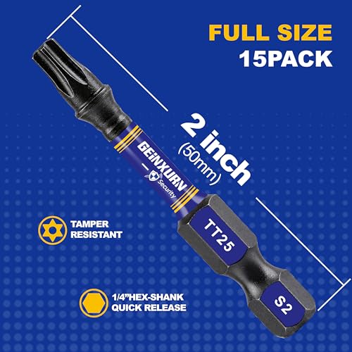 Geinxurn 2 In. Security T25 Impact Magnetic Screwdriver Bit Set, 30 Pieces #25 Torx Head Power Bit Set, S2 Alloy Steel Hollow Star Bit Set - size: 2"-30PCS, style: TT25