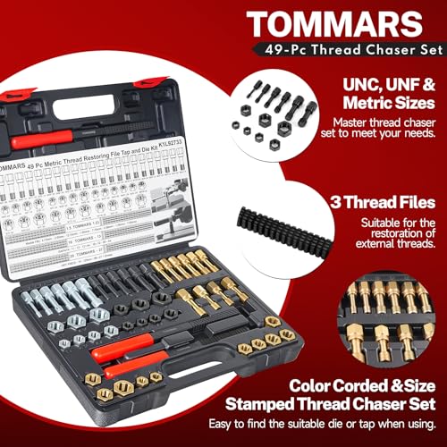 TOMMARS 49-Piece Thread Chaser Set for UNC, UNF and Metric Threads | Thread Repair Kit with Taps, Dies and Thread Files for Rethreading, Restoring and Cleaning Internal and External Threads - size: Metric and SAE