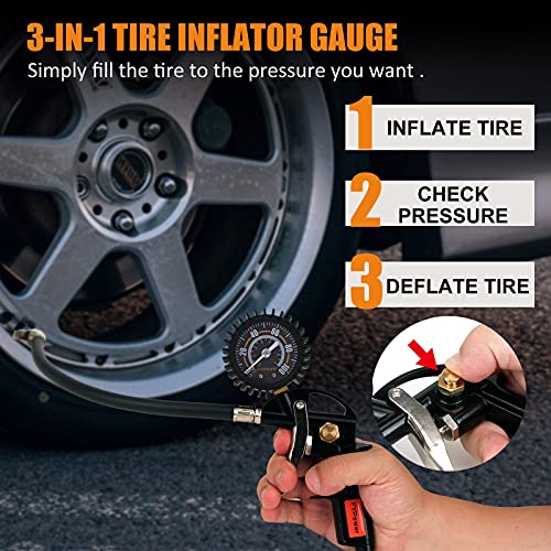 20 Pieces Air Compressor Accessories kit, 1/4 inch x 25 ft Recoil Poly Air Hose Kit, 1/4" NPT Quick Connect Air Fittings, Tire Inflator Gauge, Heavy Duty Blow Gun, Swivel Plug, Blue PU Hose