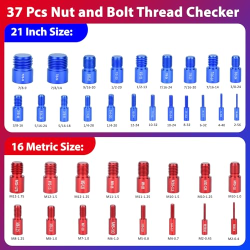 37 Pcs Thread Checker, Nut and Bolt Thread Checker Set with 21 Inch and 16 Metric Box Set Thread Gauge for Standard and Metric Sizes Perfect for Tight Spaces Ideal for Bolt and Nut Size Checkin