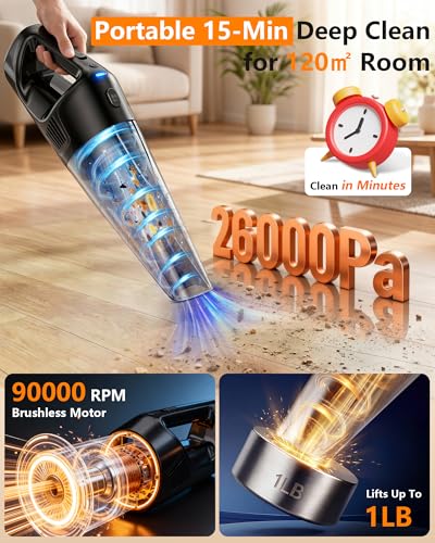 26000Pa Powerful Handheld Vacuum Cordless: 15-Min Quick Cleaning 120㎡ Rooms Portable 3H Fast Charging Dock 18-36 Min Runtime Brushless Motor - 1000mL Dust Cup One-Touch Emptying for Debris Pet Hair