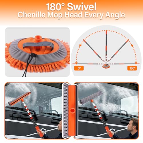 18 FT Reach Car Wash Brush with Long Handle, Car Cleaning Kit with 3-12FT Extension Pole, Soft Bristle Brush, Chenille Microfiber Cleaning Mop&Mitt, Window Squeegee, Wheel Brush for RV, Truck