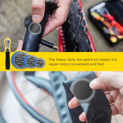 91 Pack Heavy Duty Tire Puncture Repair Kit | Comprehensive tire patch set with roller tool, multiple patch sizes 32mm 42mm 58mm, suitable for bike motorcycle car truck in