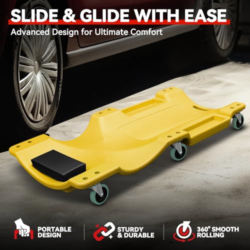 Auto Dynasty 40 Inches Mechanic Creeper, Automotive Garage Repair Low Profile Under Car Rolling Creeper with Padded Headrest, Plastic, Yellow - color: Yellow, size: 40" L