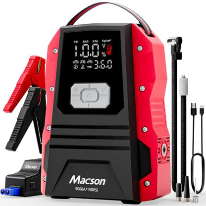 5000A Jump Starter with Air Compressor - Portable 12V Jump Box Battery Pack for 9.0L Gas/8.0L Diesel Engines, Car Jumper Starter Portable with 150PSI Tire Inflator, LED Screen, Fold-Up LED Flashlight