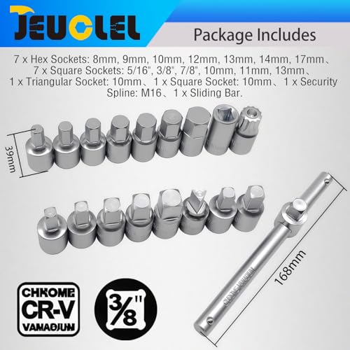 18PCS 3/8" Drive Oil Drain Sump Plug Key Set, Drain Plug Socket Kit | Hex, Square Triangle, Torx, Spline, Gearbox, Engine Repair, Mechanic tool, Oil Sump, Differential, Back Axle, Socket Wrench
