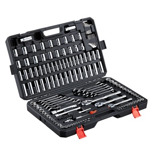 VEVOR Mechanics Tool Set, 159-Piece Mechanic Tool Kit, 1/4 in, 3/8 in, and 1/2 in Drive, SAE and Metric Socket Set, Wrenches, Screwdriver Bits, Accessories, and Storage Case, for Automotive Repair - size: 1/4"&3/8"&1/2", style: 159 PCS
