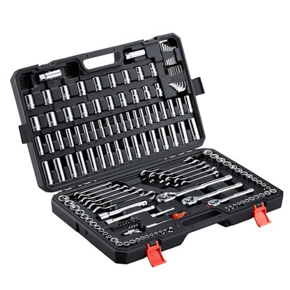 VEVOR Mechanics Tool Set, 159-Piece Mechanic Tool Kit, 1/4 in, 3/8 in, and 1/2 in Drive, SAE and Metric Socket Set, Wrenches, Screwdriver Bits, Accessories, and Storage Case, for Automotive Repair - size: 1/4"&3/8"&1/2", style: 159 PCS