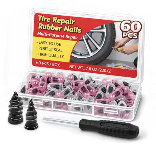60Pcs Tire Repair Screws, 1-Second Quick Tire Puncture Repair, 2026 New Self-Service Screw in Tire Plugs for Car, Truck, Motorcycle, Tractor Tire Plug Kit, 2 Size & Screwdriver Included