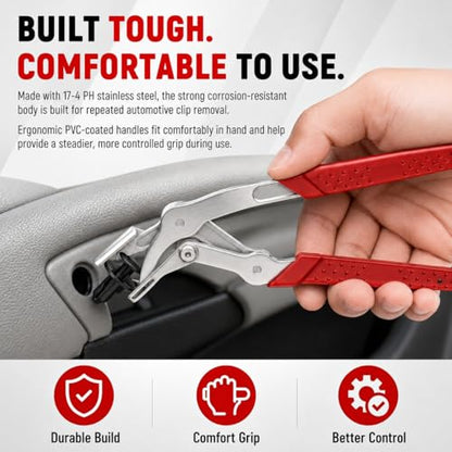 Car Clip Pliers, Auto Clip Removal Pliers, Panel Clip Removal Tool for Automotive Plastic Fasteners, Trim Clips & Door Panel Removal, 17-4 PH Stainless Steel, Damage-Free Removal