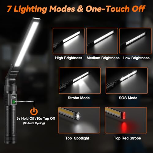 4Pack Magnetic Rechargeable LED Work Light/Flashlight for Mechanics | All Aluminum, 1500 High Lumens, Digital Display, 7 Modes, 360° Rotation, for Car Repairing, Emergency, Gifts for Father - size: 4Pack