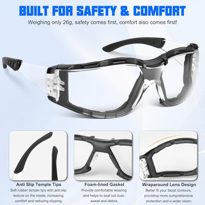 OXG Safety Glasses for Men, ANSI Z87.1 Anti-Fog Impact Resistant Protective Eyewear, Foam Gasket, UV400 Protection - color: 3-clear-black