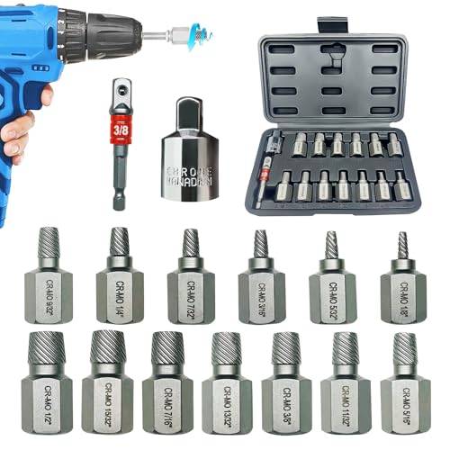 15PCS CR-MO Screw Extractor Set – 3/8" Hex Drive Multi-Spline Easy-Out Kit for Broken, Stripped, Rounded Screws/Bolts, Broken Bolt Remover，Includes Adapter & Blow-Molded Case (1/8"-1/2") - color: 15pcs-screw Extractor