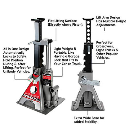 Powerbuilt 2 Ton UniJack Combination Hydraulic Bottle Jack / Jackstand in 1 Unit, Compact, Portable, Wide Base, for Unibody Sedans, CUVs, SUVs, Cars, - 620470 - size: 4000lb, Unijack